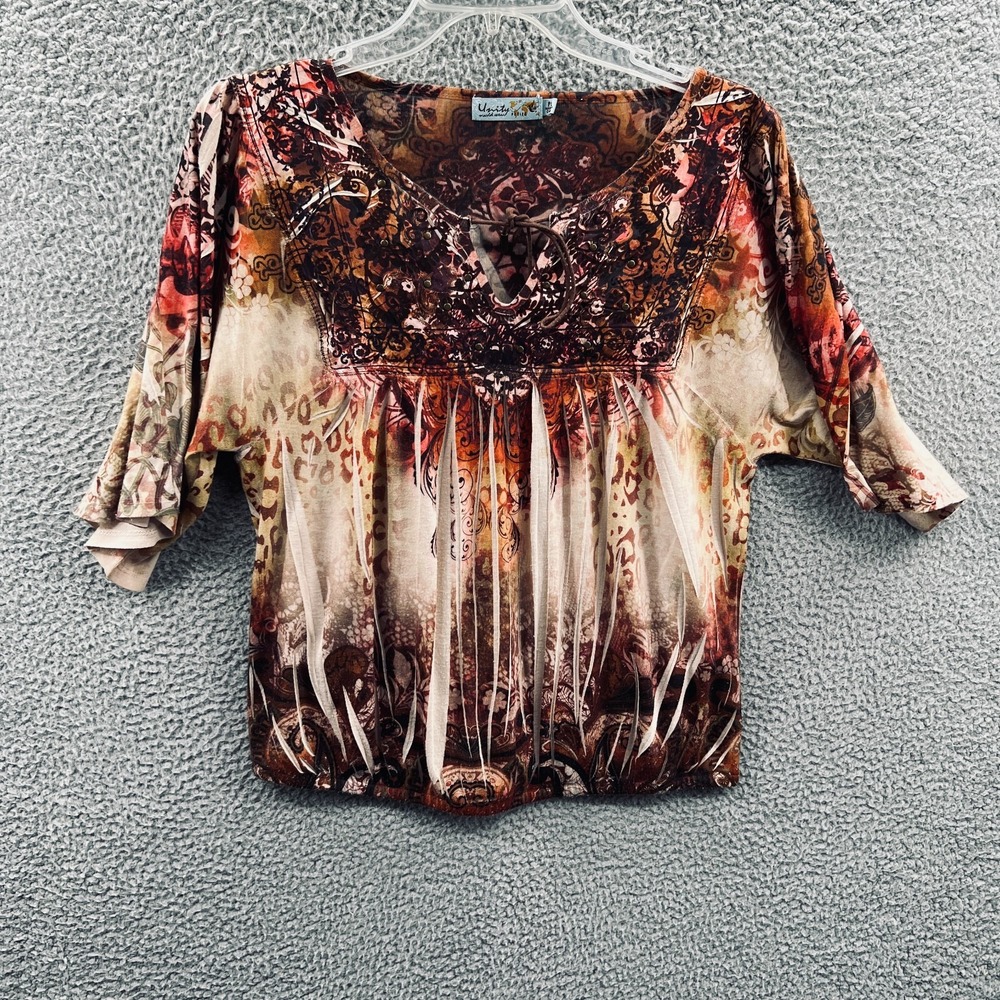 Womens Southwestern Indie Peasant Blouse PL Petite Paisley Boho Rustic Ombre Top
